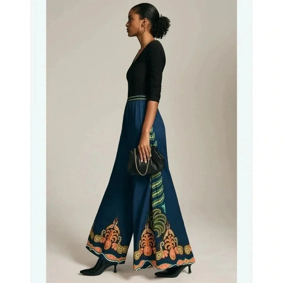 New Farm Rio Anthropologie High Rise Wide Leg Trouser Pants Tropical